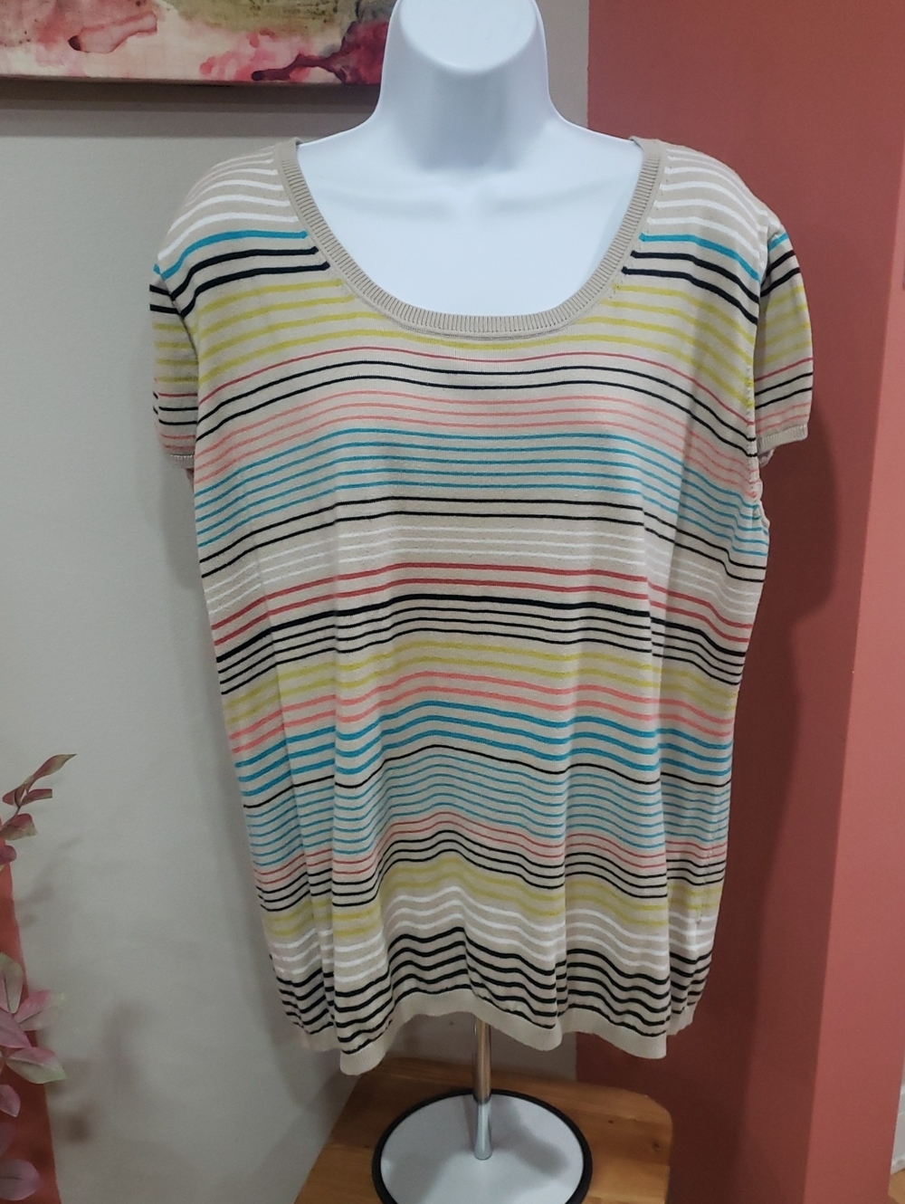 Liz Claiborne Women's Striped Cream with Blue, Yellow, Pink, Black Blouse, 3X
